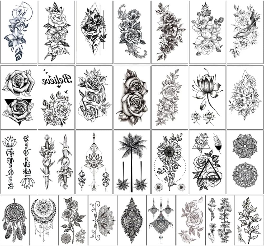 30 Sheets Fake Tattoos, Unique Black Temporary Tattoo Stickers, Waterproof Temporary Tattoos For Men Women, Neck Arm Thigh Flower Tattoo Sticker For Kids Adults