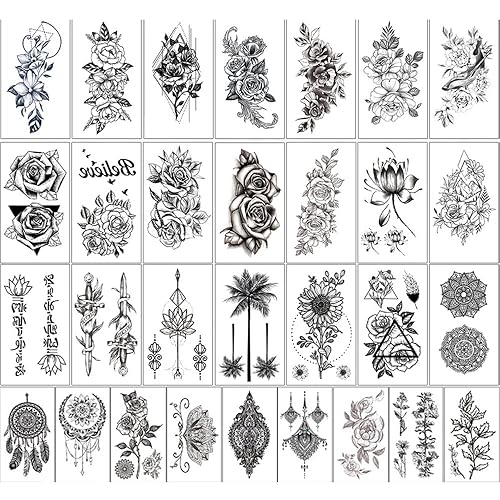 30 hojas de tatuajes temporales de flores de larga duración, tatuajes falsos, arte corporal, brazo, boceto de tatuajes para mujeres y niñas