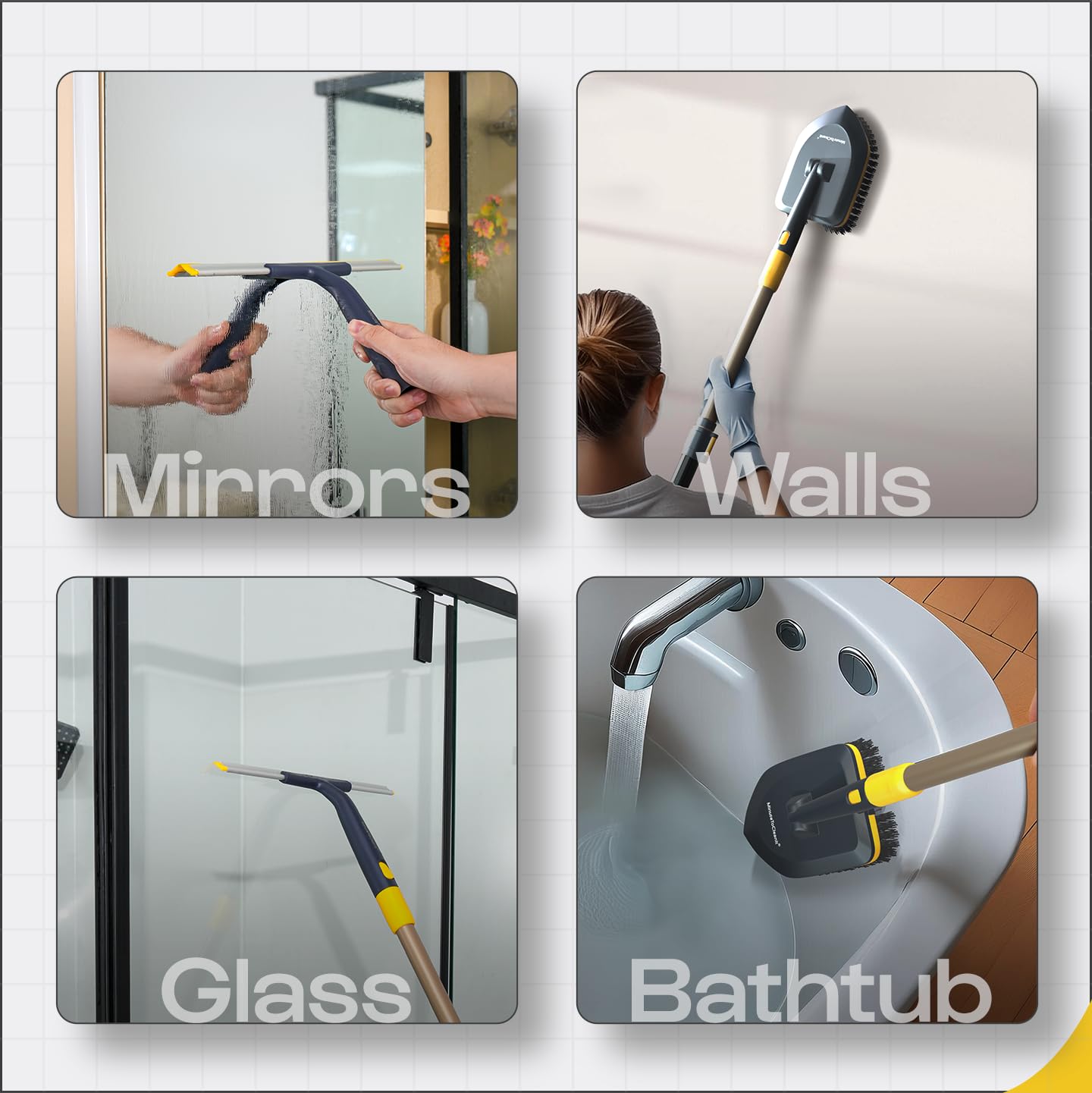 MinuteToCleanIt 4-in-1 Cleaning Set | Long Handle Wiper Squzee, Bristles, Microfiber & Scrubber for Tiles, Bathroom, Windows – 58.2” Extendable Pole, Detachable Heads, Yellow 1
