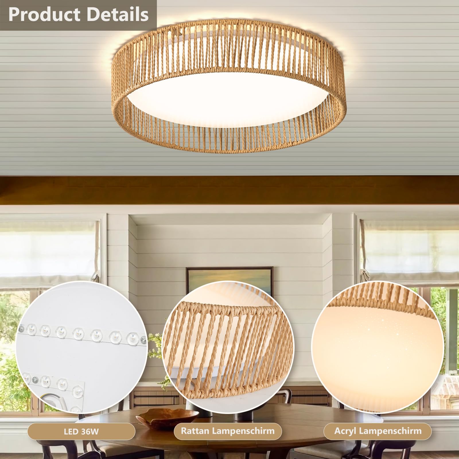 LED Deckenleuchte Rattan wohnzimmerlampe Dimmbar 36W, 43cm Deckenlampe rattan, Für Schlafzimmer Wohnzimmer Flur Esszimmer