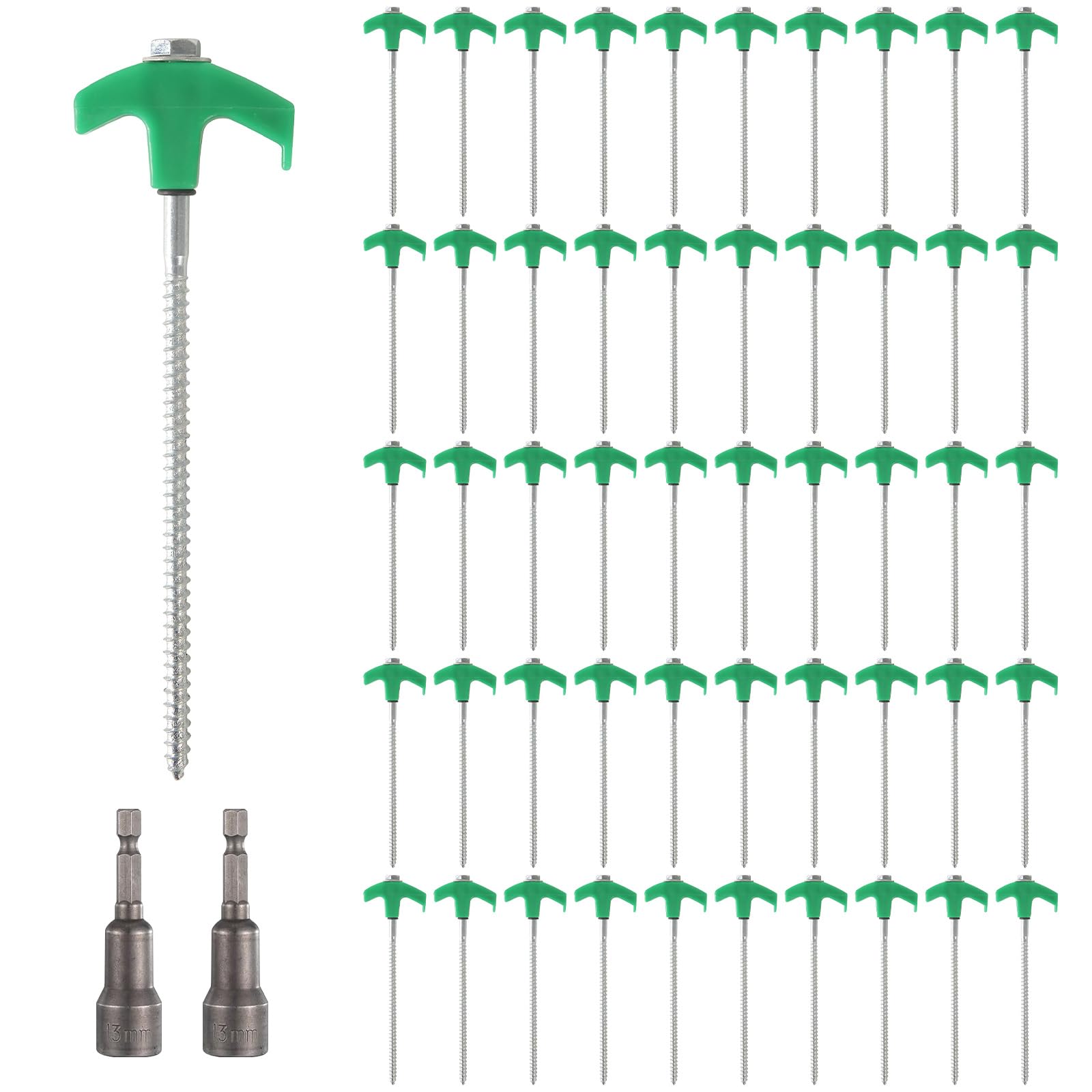 Zeltheringe zum Einschrauben, robuste Zeltheringe, zum Einschrauben, Campingpfahl mit Sechskantkopf, Metallheringe, Spikes für Camping, Garten, Hof, Grün, 50 Stück