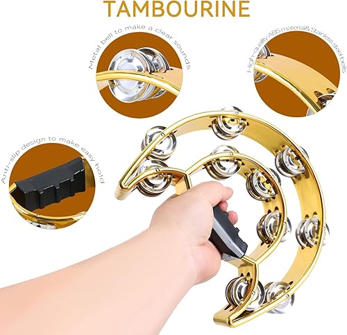 Miniatura 4 de EastRock Pandereta de doble fila, percusión de mano con jingles de metal, pandereta de media luna para adultos, KTV, fiesta dorada