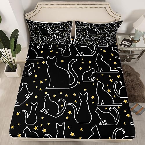 Sábana bajera ajustable de dibujos animados de gatos de tamaño matrimonial, diseño de animales lindos con estrellas amarillas, ropa de cama de tela