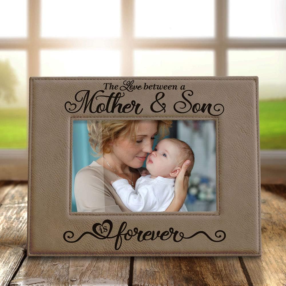 KATE POSH The Love Between a Mother & Son is Forever Engraved Leather Picture Frame, Mother of The Groom, Best Mom Ever, First Mother's Day, Mommy & Me Gifts (5" x 7" Horizontal)