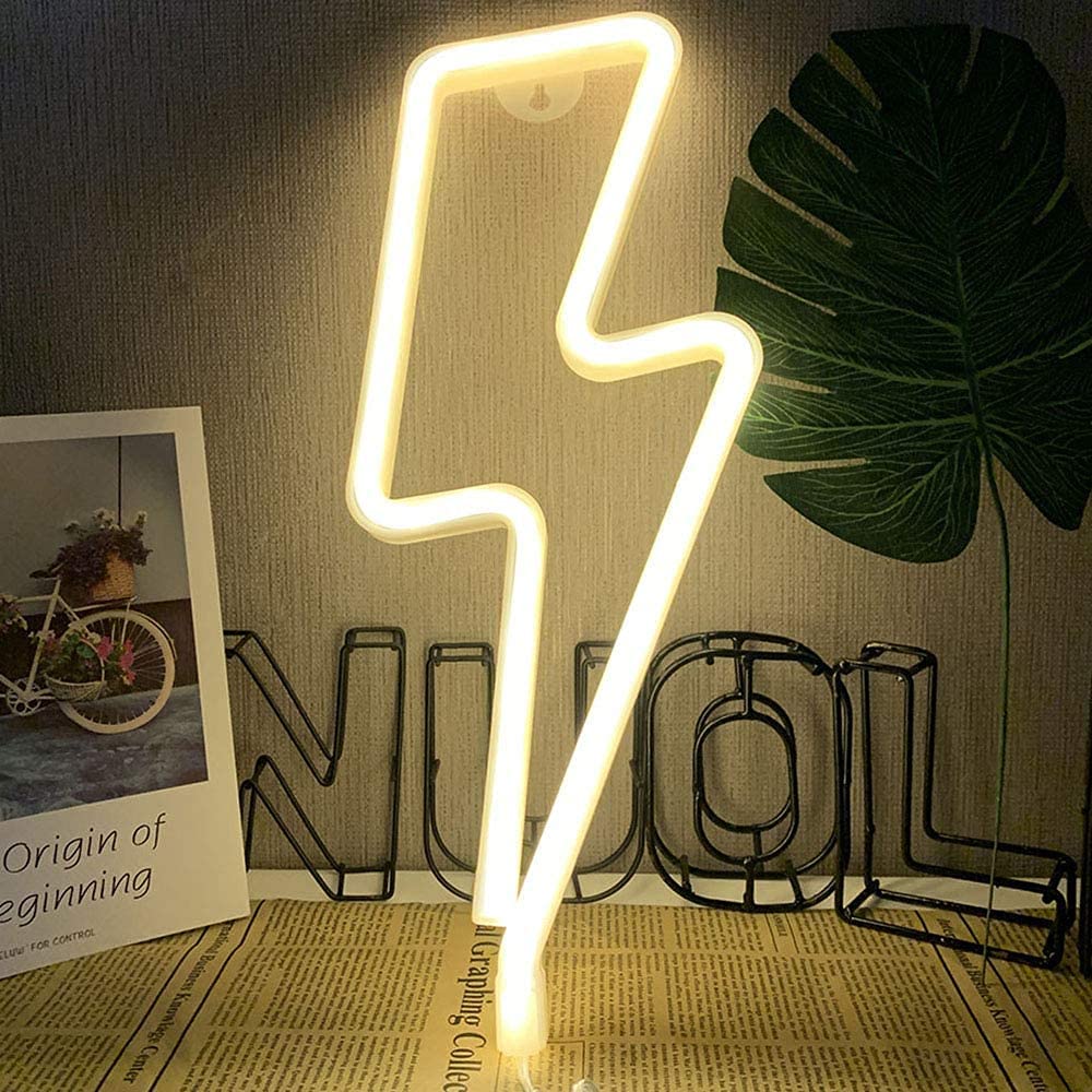 Luz de noche LED de neón, Letreros de neón en forma de rayo Luz de noche decorativa de pared Batería y USB alimentado para decoración del hogar (Blanco cálido)