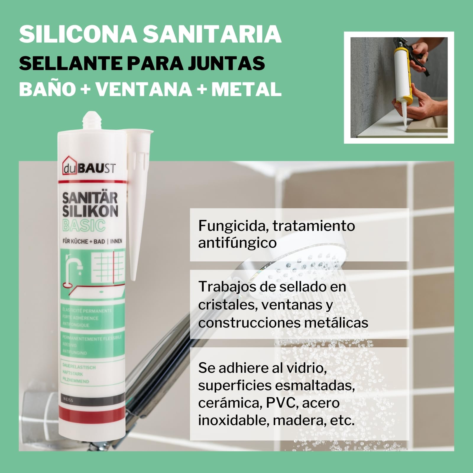 SAB24 - Silicona sanitaria básica elástica, resistente al moho, para baño, cocina, ducha, habitaciones húmedas, cartucho de 300 ml (gris, 48)