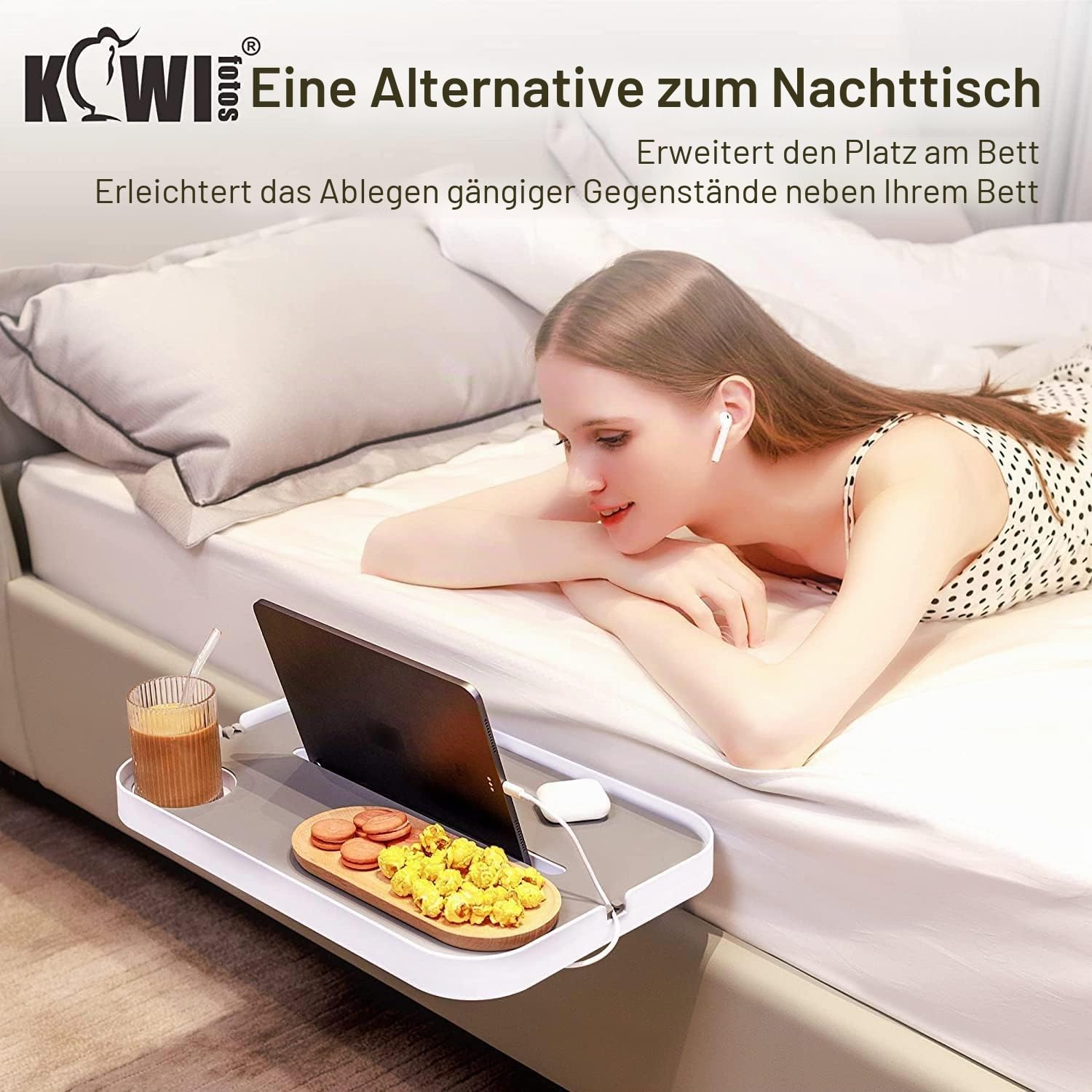 KIWIFOTOS Nachttischablage für Bett ohne Seitenrahmen, Nachttisch-Tablett für Plattformbett mit Getränkehalter, Kable-Organizer, stummes Design (Model L)