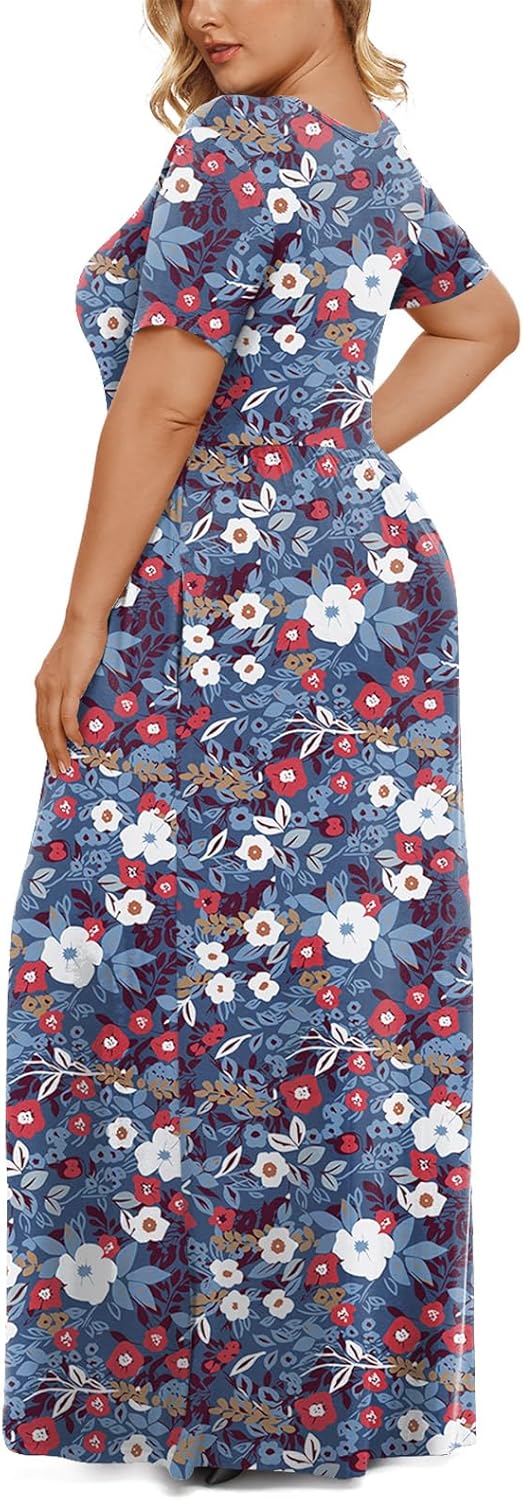 LONGYUAN Women's Plus Size Maxi Dresses for Curvy Women Summer Short Sleeve Casual 2026 Long Dress Mixed Blue 2XL - Image 3