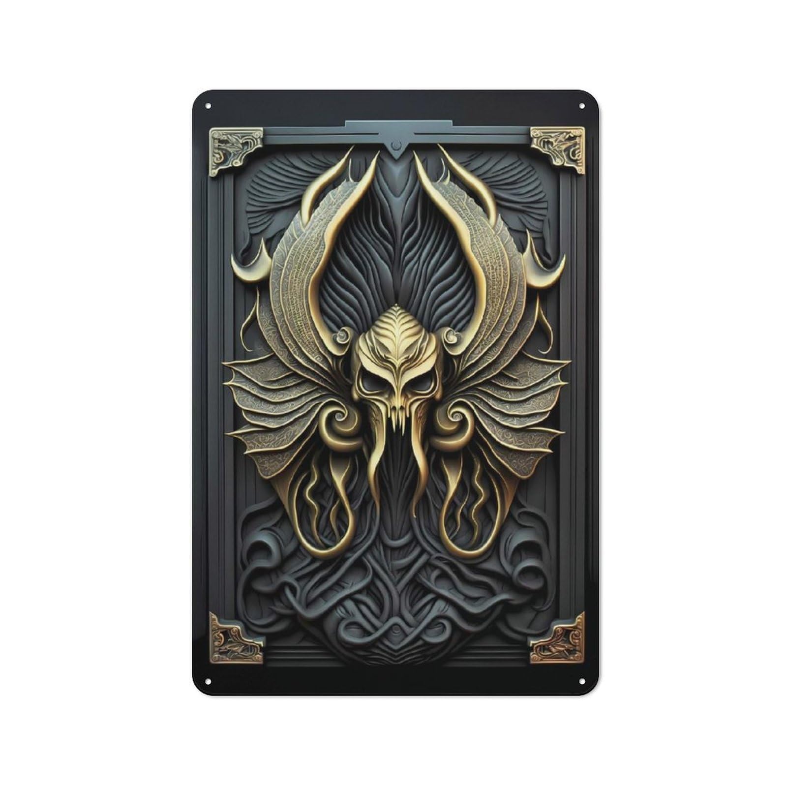 Junmoney Style-6 Garage Style Metal Wall Sign 30X20cm Featuring Golden Skull Kraken, Shed Wall Plaque For Tool Room, Garage, Studio Or Home Bar