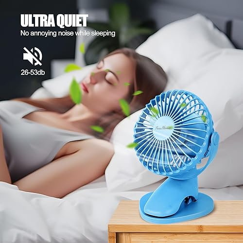 Miniatura 5 de Ventilador de clip portátil que funciona con pilas, mini ventilador de mesa recargable por USB de 3 velocidades con fuerte flujo de aire, rotación