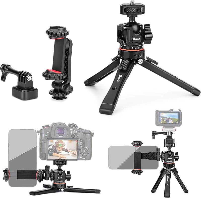 Metal Camera Mini Tripod, with 1/4" Screw Ball Head Mount, Adjustable Heights Desktop Vlog Stand for Smooth 4 Osmo Mobile Ronin-S Vimble 2 Gimbal Handle Grip Stabilizer and All Cameras