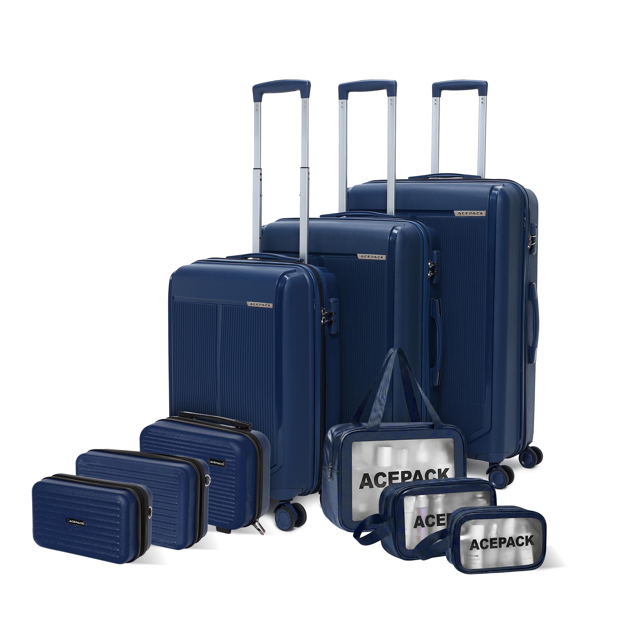 Megatron - Family Set of 9 Pcs - Set of 3 Suitcase (S+M+L) + 3 Pcs Vanity Cases (8"+10"+13") + 3 Waterproof Organisers, PP Hard Shell with 360° Spinner Wheel, Number Lock, 3 Years Warranty