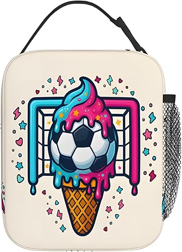 Miniatura 2 de Lonchera de fútbol para niños, bolsa de almuerzo aislada para la escuela con gráfico de helado de goteo, enfriador de lonchera, resistente a fugas,