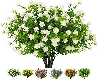 造花 アウトドア 8バンドル 造花 人工の屋外の花 UV耐性フェイクフラワー プラスチック フェイクフラワー グリーン 低木 植物 装飾用 屋内 屋外 ウィンドウボックス ハンギングプランター ホームポーチ装飾 (ホワイト)