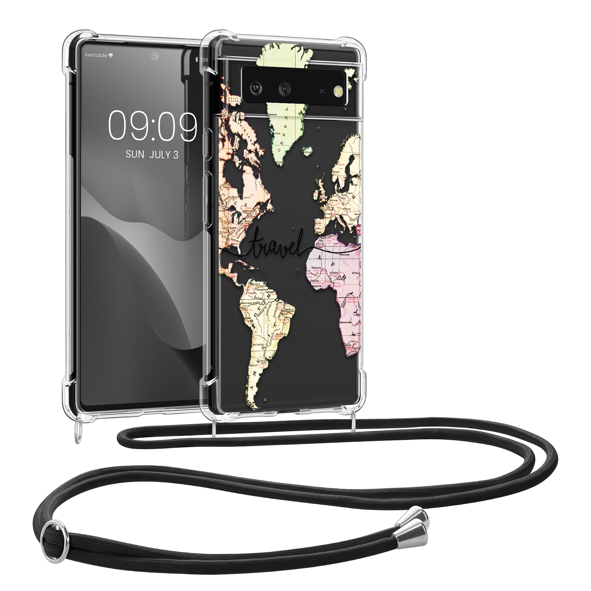 kwmobile Crossbody Case Compatible with Google Pixel 6 Case Strap, Travel Black/Multicolor/Transparent