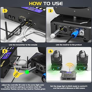 DMX Controller, 192 Channel DMX512 Controller with Drawer, Wireless DMX 4 Receivers/Transmitter, Suitable for Simultaneously Controlling 4 Lights, Party, Moving Head, Halloween