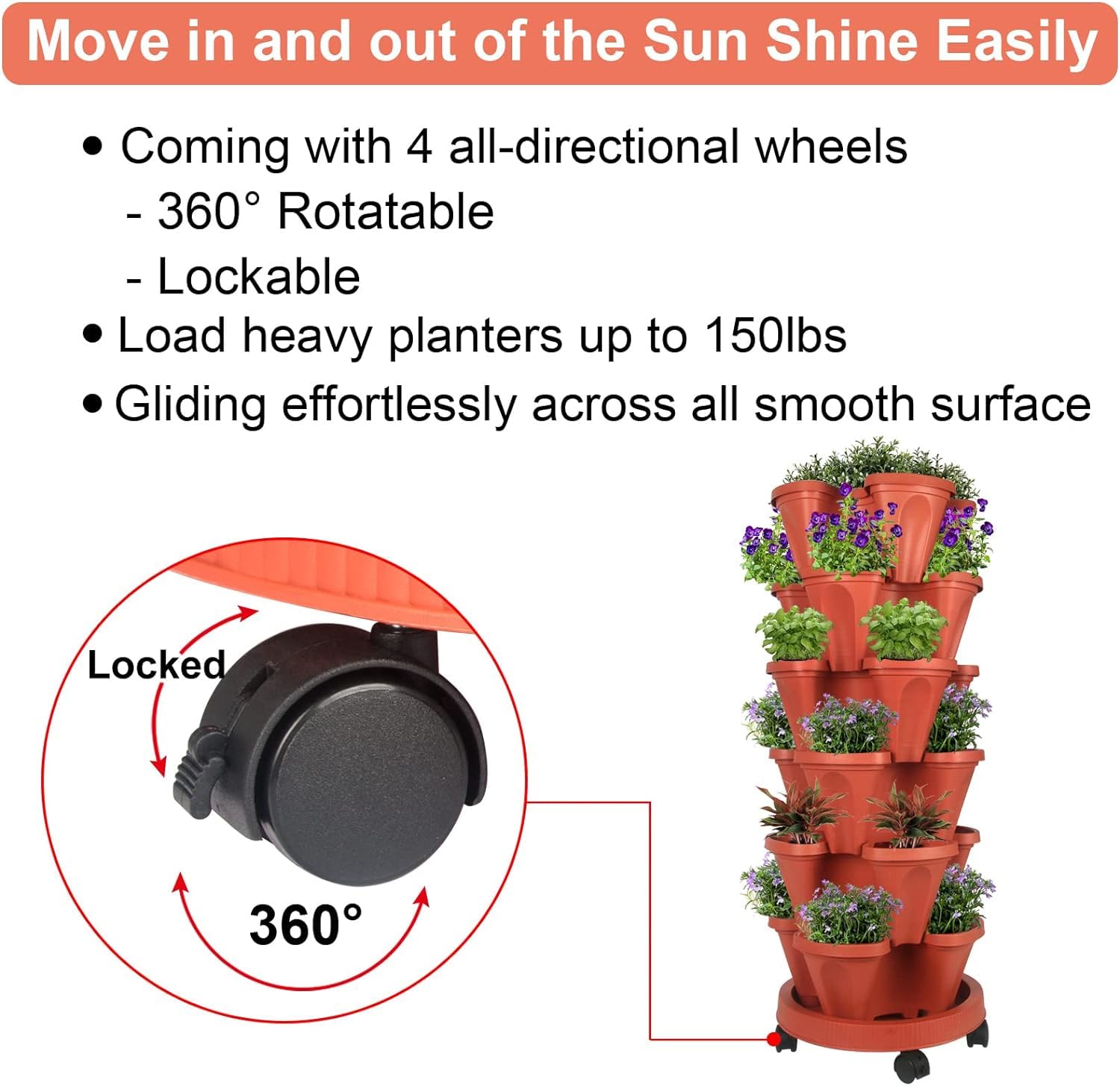 Jardinière empilable, Tour de Jardin Verticale, Ensemble de jardinières Verticales pour Fraises, Herbes, Fleurs (Terracotta, 4 Niveaux)