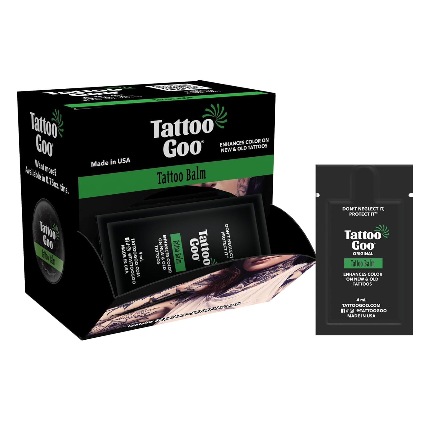 Tattoo Goo Tattoo Aftercare Balm, (Bag of 50), Individual Travel Packets, Natural Olive Oil & Beeswax, Supports Vibrant Color, Hydrates Fresh Ink, Moisturizing & Lightweight, No Petroleum, Mild Scent