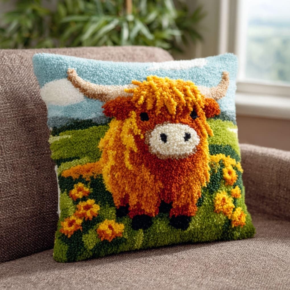 Henypt Latch Hook Kits for Beginners & Adults,Highland Cattle in the Flowerbed 43x43cm DIY Pillow Cover Craft,Easy Crochet Needlework Kit with Full Accessories