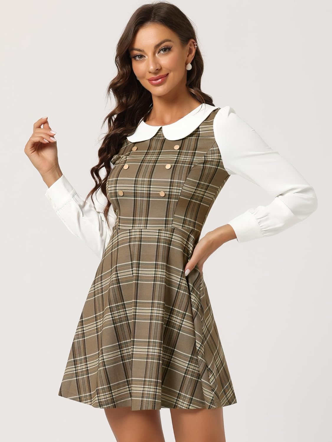 Allegra K Women's Peter Pan Collar Contrast Color Button Decor A-Line Preppy Plaid Mini Dress - Image 2