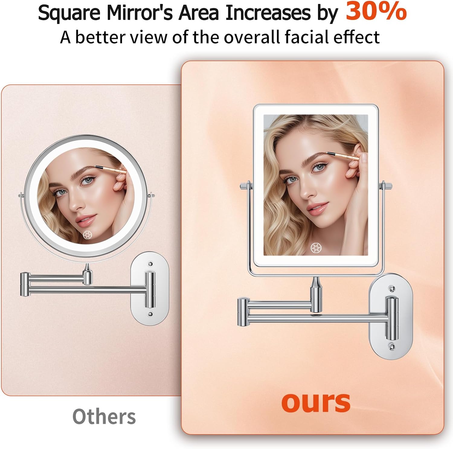 FUNTOUCH 5000mAh Rechargeable Wall Mounted Makeup Mirror with Lights, 8.7" Double Sided 1X/30X Magnifying Mirror with Dimmable 3 Color Light, Extended Swing Arm 360° Wall Mount Bathroom Vanity Mirror