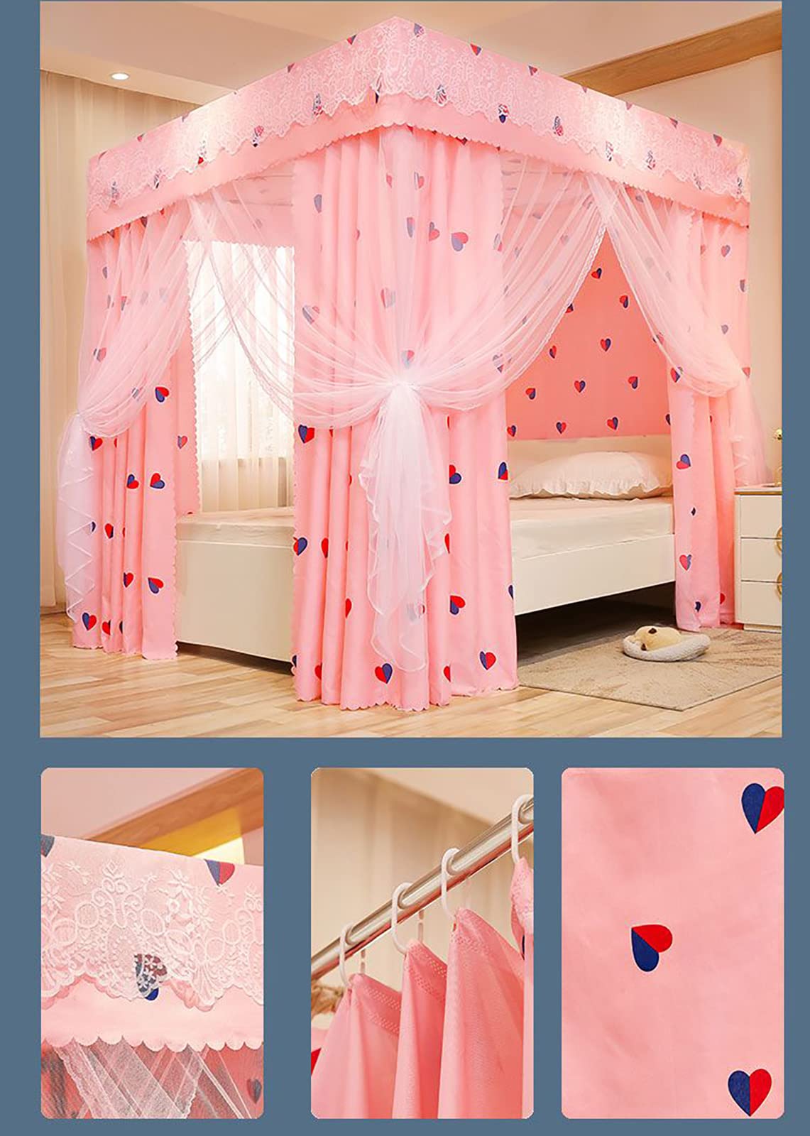 Baldaquin de lit à baldaquin avec Support, moustiquaire, Rideau de lit ombrage, Rideaux de Princesse, baldaquin pour Filles, lit King Size (Taille : 1,8 × 2 m/5,9 × 6,6 Pieds, Couleur : D.)