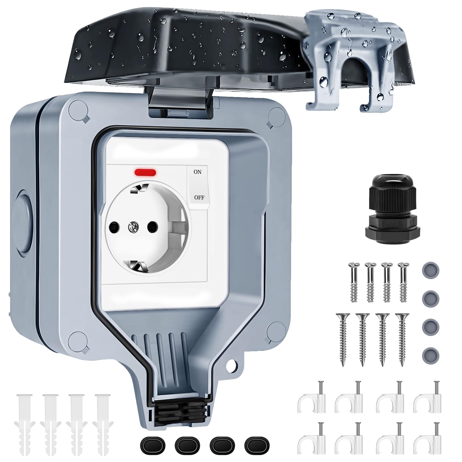 Aussensteckdose Wasserdicht Außensteckdose 1-Fach mit Schalter Kontrollleuchte IP66 Wasserdichte Outdoor Steckdose Feuchtraum Aufputz Gartensteckdose Abschliessbar Aussen Steckdose mit Klappdeckel