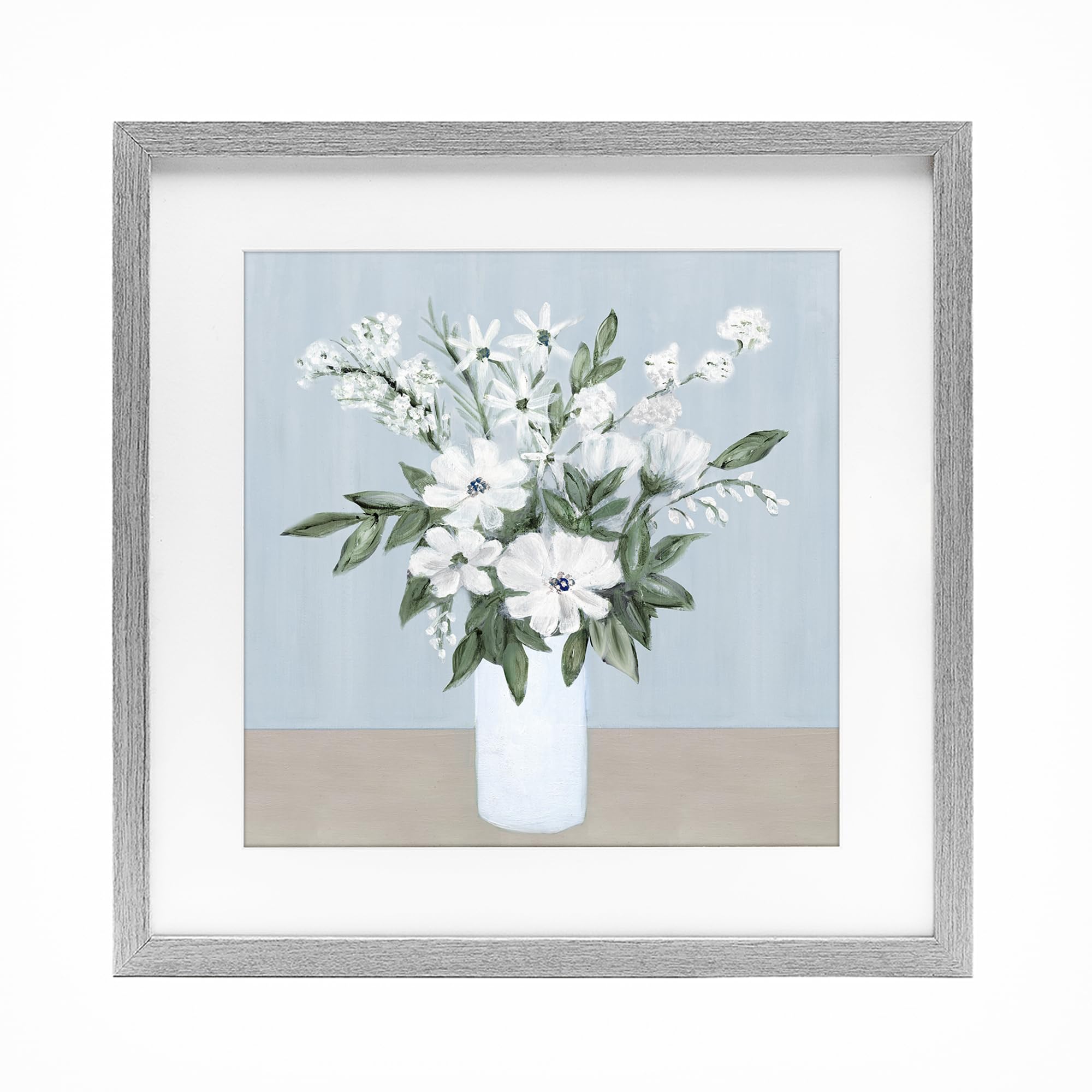 Stupell Industries Farmhouse Gray (Textured) Mixed White Blooms Botanical, 16 X 16 Inch Framed Print Under Glass