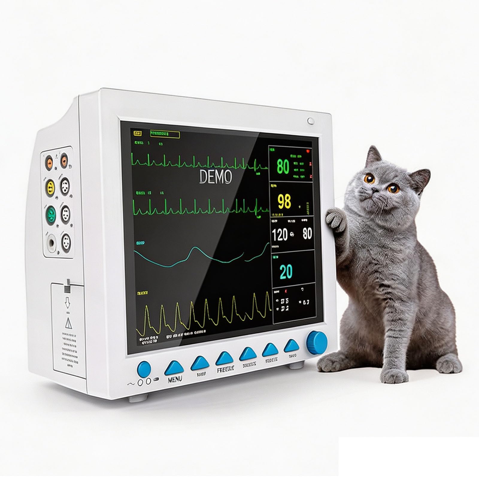 BoluDukNN 12" Veterinary Monitor – 6-in-1 Vital Signs (Ecg, Nibp, Spo2, Resp, Pr, Temp) – 8-Waveform Display,For Clinics and Mobile Vets