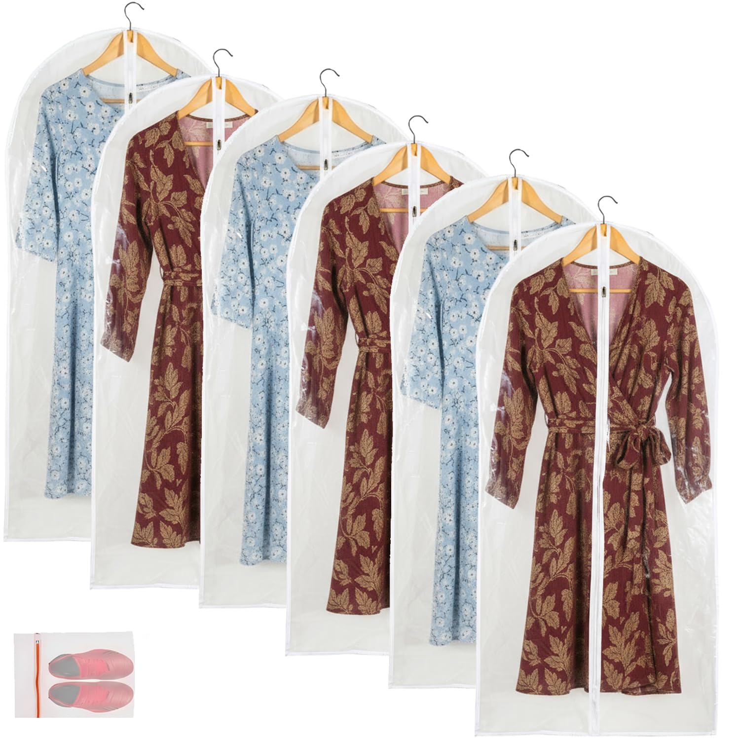 Clear Garment Bag Long Garment Bags for Gowns, Vinyl Dress Bags for Closet Storage, Coat Covers for Closet With Zipper Plastic Garment Bags for Hanging Clothes Long Dress - 24'' X 48''/6 Pack