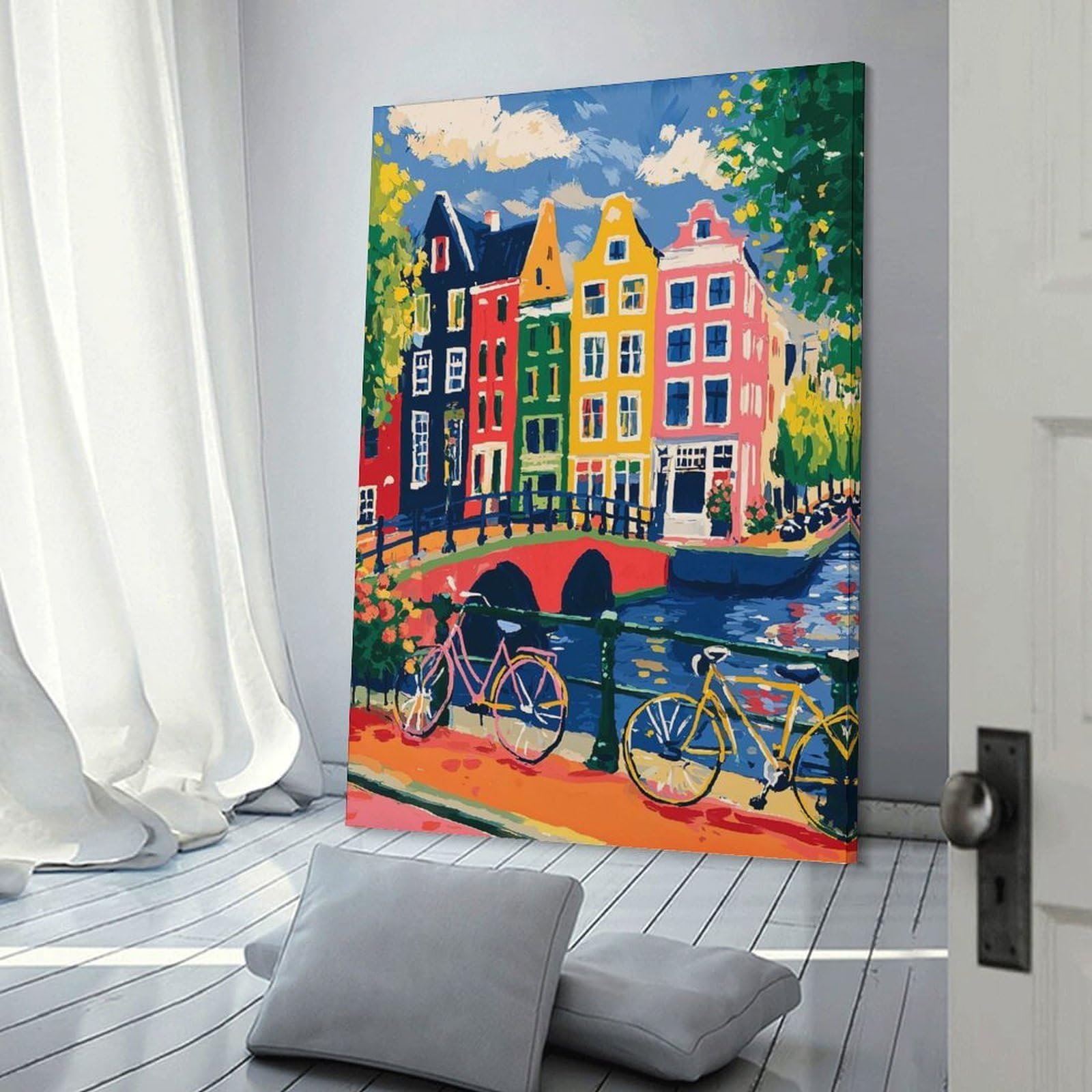 Junmoney Frame-Style-18 Colorful Amsterdam Canal Scene With Bicycles Decorative Canvas Print, 24X36inch(60X90cm), For Contemporary Homes, Apartments Or Offices, Home Artwork For Modern Interiors