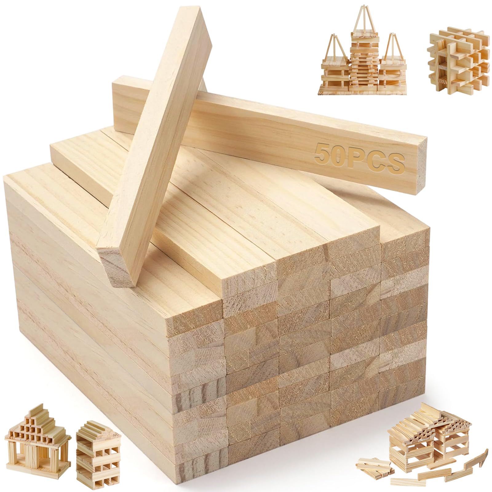 Square Wooden Dowel Rods, 50 Pcs 16x2.2x0.8cm Craft Wood Blocks, Unfinished Wood Square Dowel Rods for DIY Projects and Model Making Carving