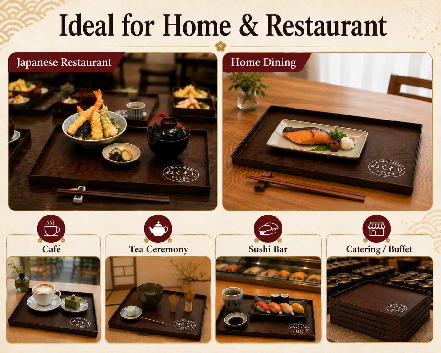JapanBargain, Lot de 10 petits plateaux de service japonais en plastique laqué, plateaux à saké, assiettes à sushis, assiettes à goûter, fabriquées au Japon, marron, 25,4 x 15,9 cm