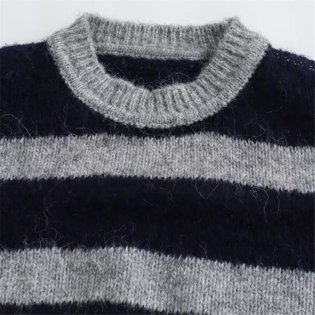 Women's Striped Color Clashing Colorful Loose Long Sleeve Round Neck Knit Sweater for Women