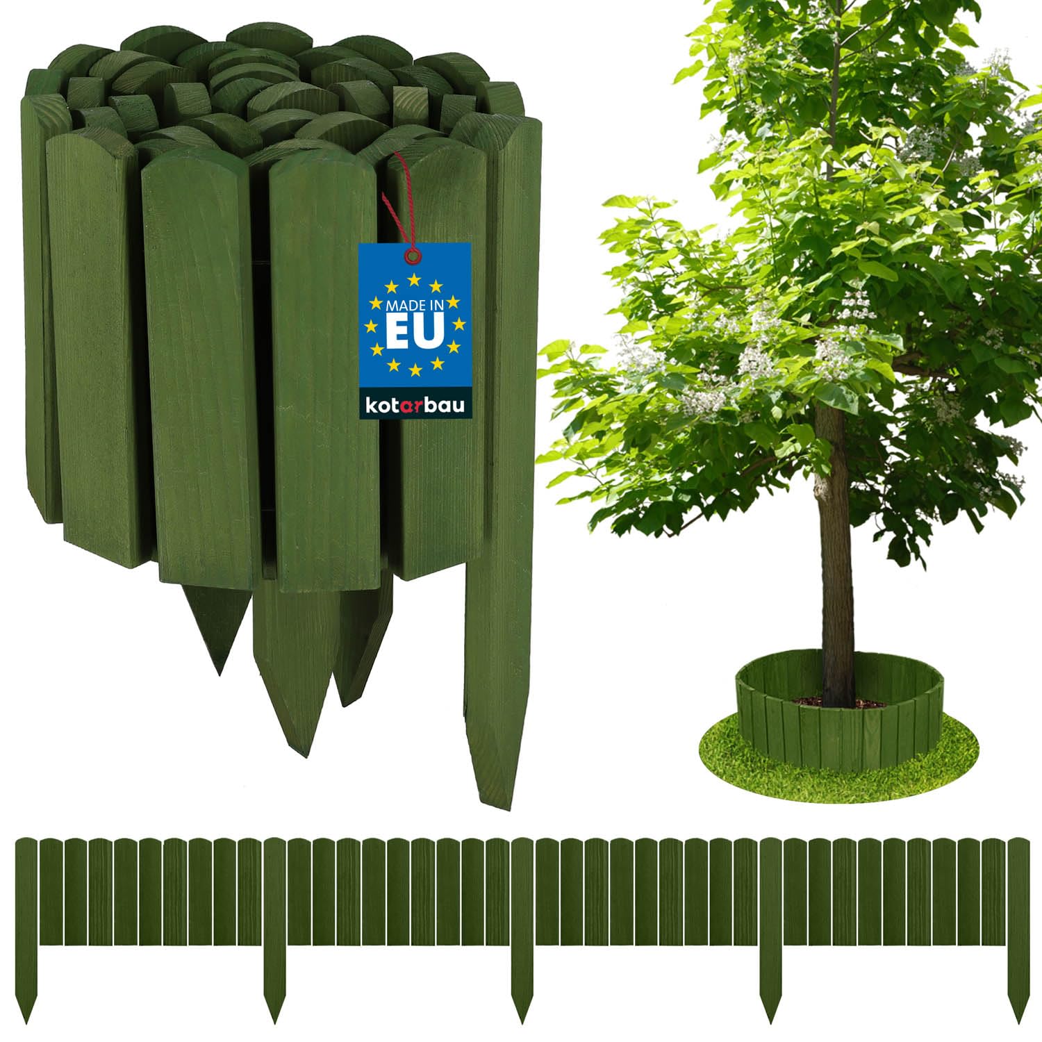 KOTARBAU® Lawn Edging - Garden Edging Border - Pine Wood - 200x20 cm (78.7x7.9 inches) - Green - Flexible Log Roll Border - Wooden Mini Fence - Garden Decoration