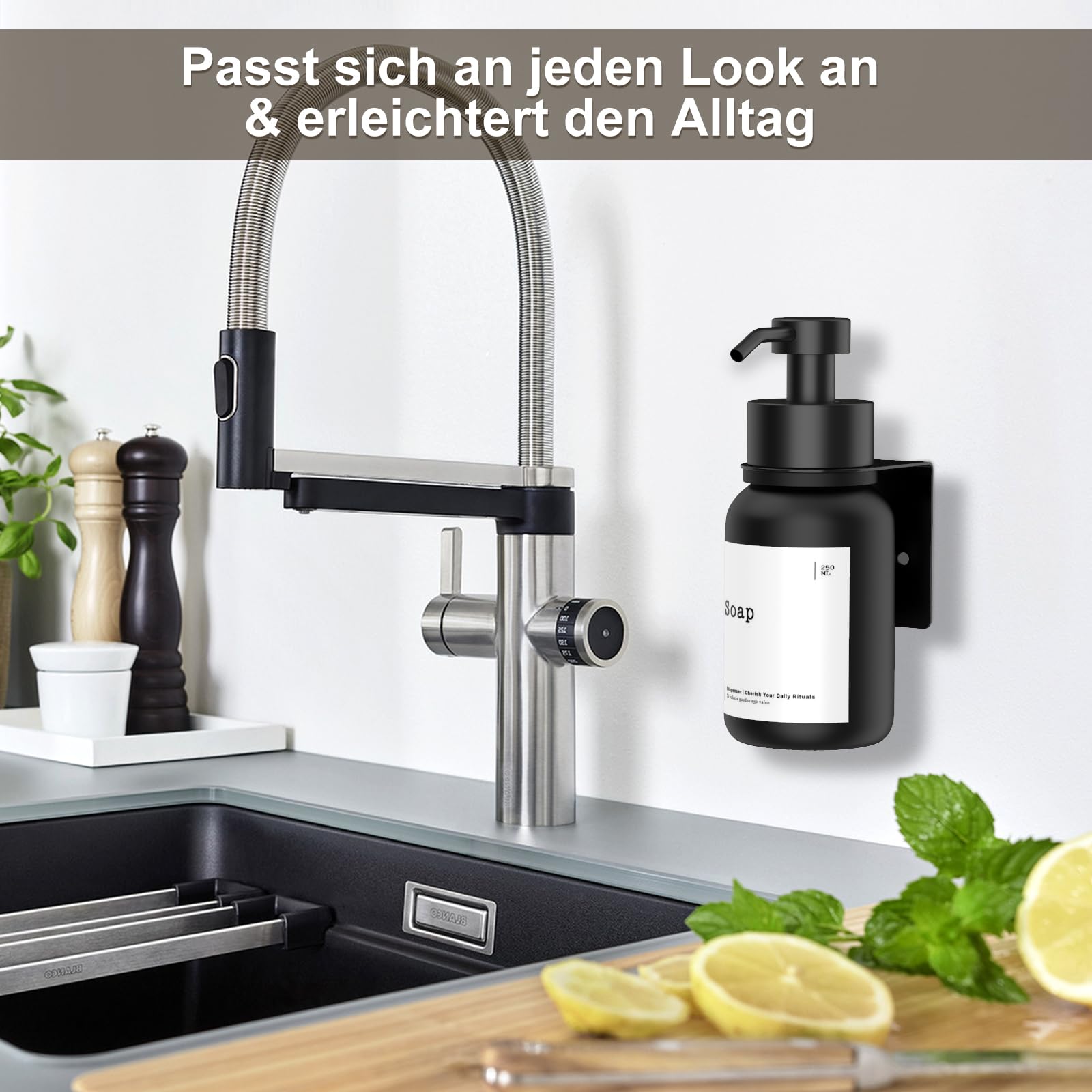 TEHEO Zeepdispenser, wandbevestiging, 250 ml, glas, zwart
