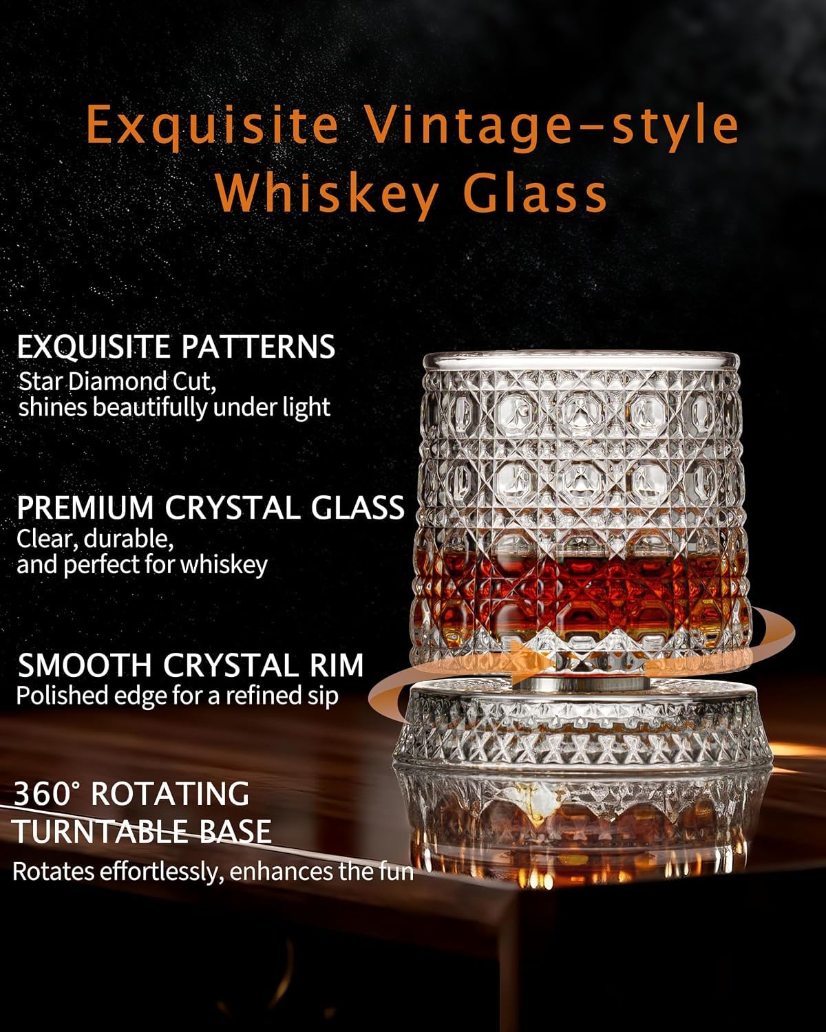 VILON Premium Rotating Whiskey Glass – 300ml Crystal Clear 360° Spinning Old Fashioned Tumbler | Lead-Free Carved Cut Glass for Whiskey, Scotch, Bourbon, Brandy & Cocktails (Pack of 1) — Amazon image 3