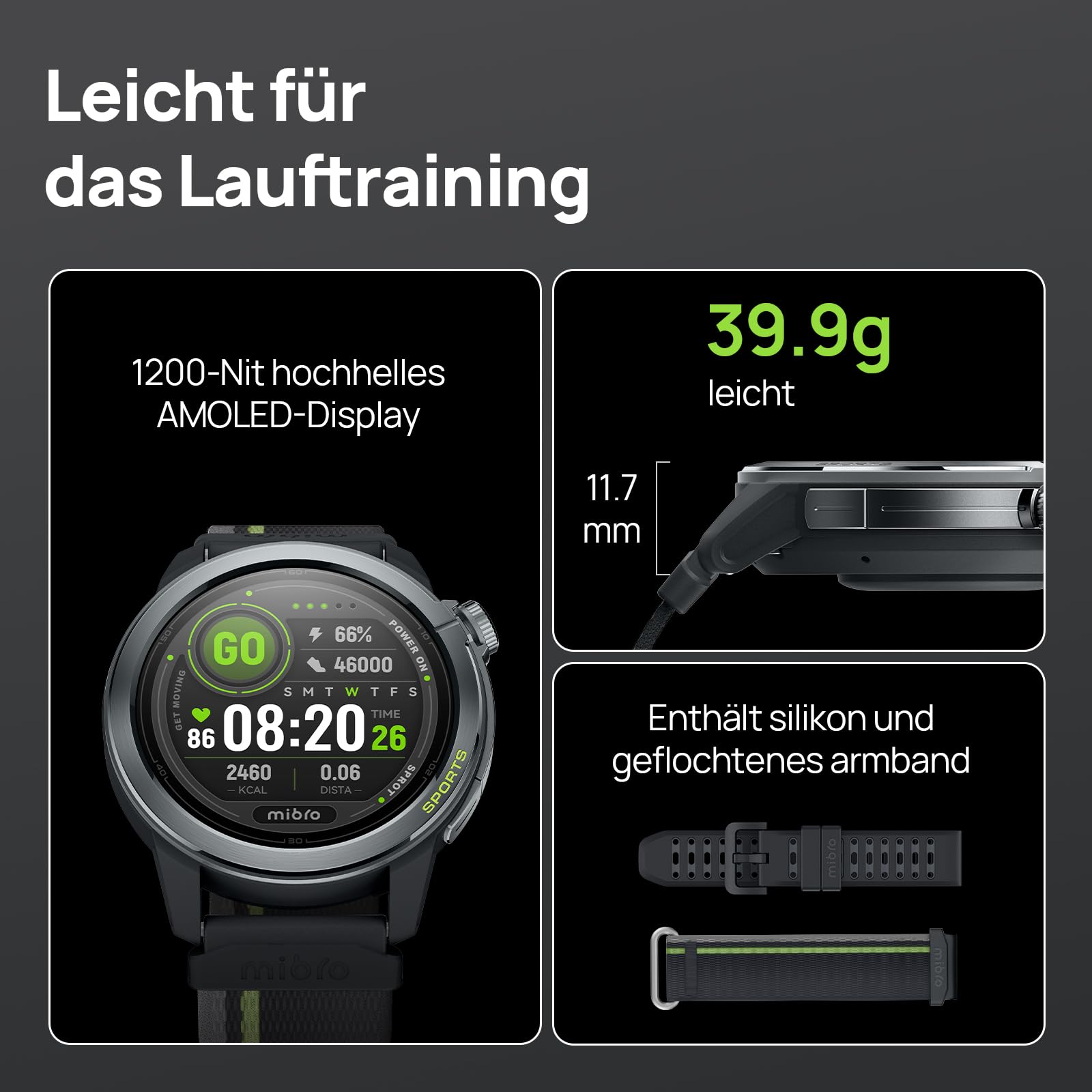 Mibro GS Active2 GPS Laufuhr Herren Smartwatch – Dual-Band GPS, 39g | 1,32" AMOLED Display, VO2max Trainingsplan, Sportuhr für Laufen, Jogging & Marathon Training, Outdoor Sport (Dunkelgrau)