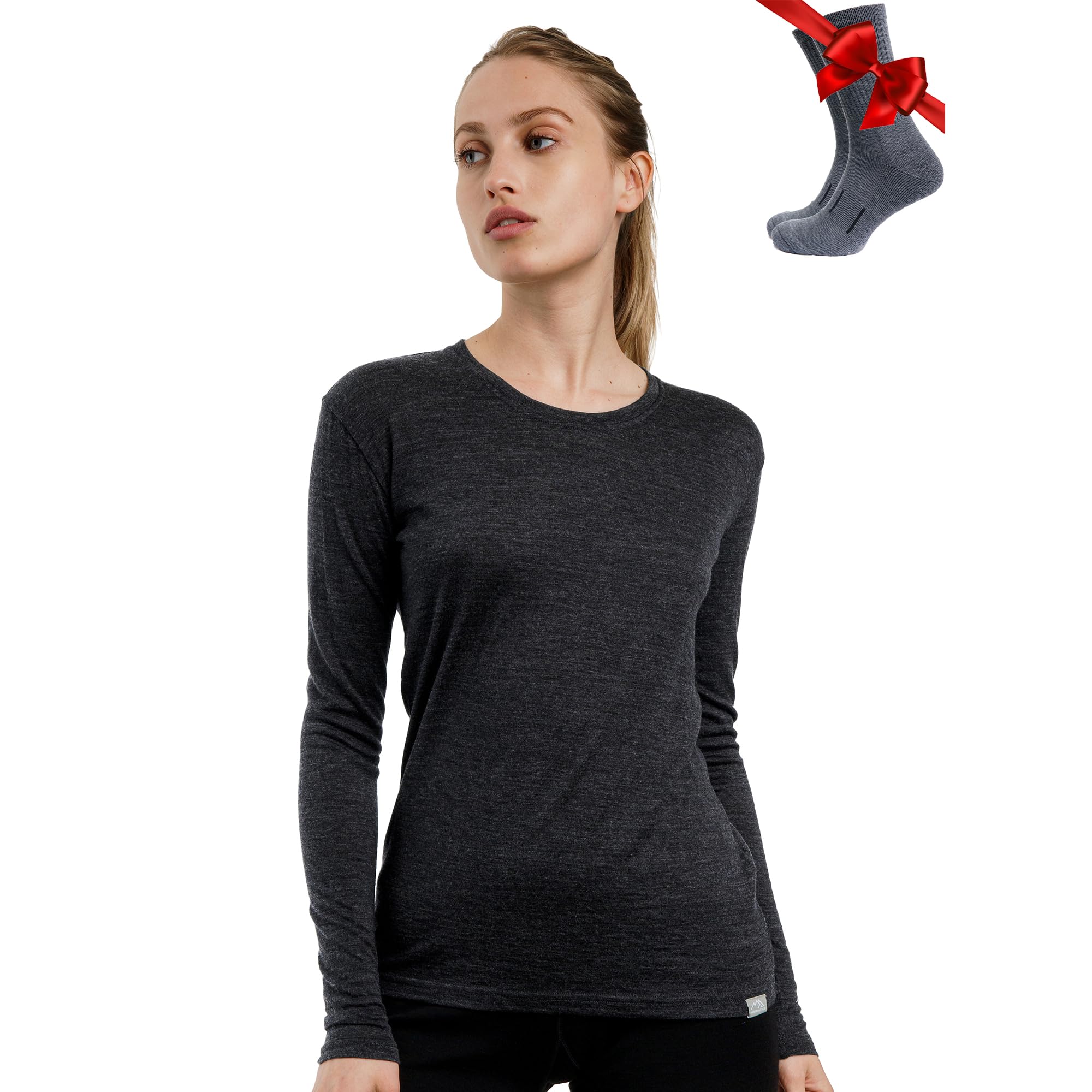 Merino.tech Women's 165 Heathered Black Merino Wool Base Layer — 100% Merino Wool Long Sleeve Thermal Shirts Heavyweight, Midweight, Lite + Wool Socks (Large, )