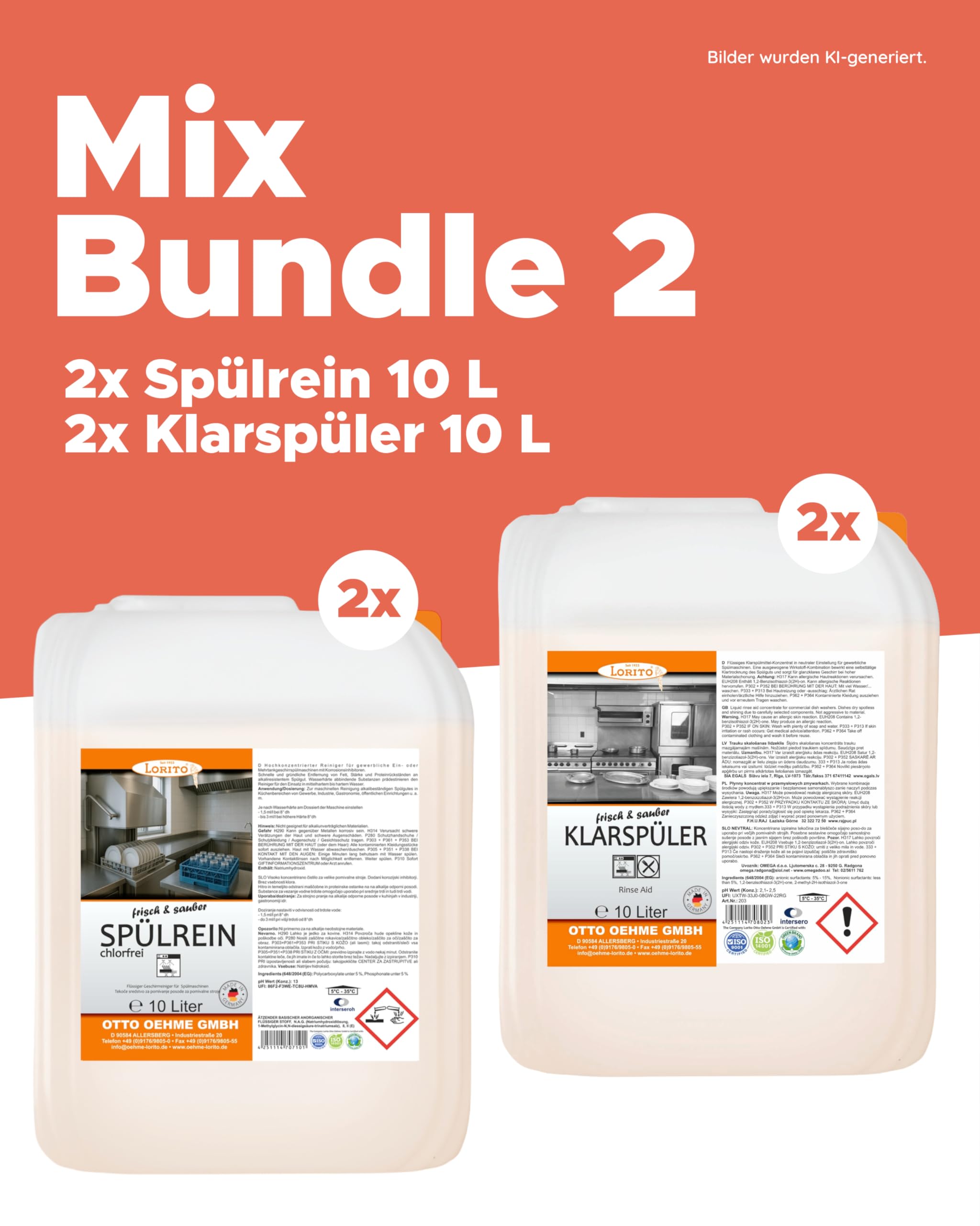 Lorito Set frisch & sauber Spülrein Spülmaschinenreiniger 2 x 10 L & Klarspüler für Spülmaschine 2 x 10 L - Profi-Reinigungsmittel gegen hartnäckige Verunreinigungen