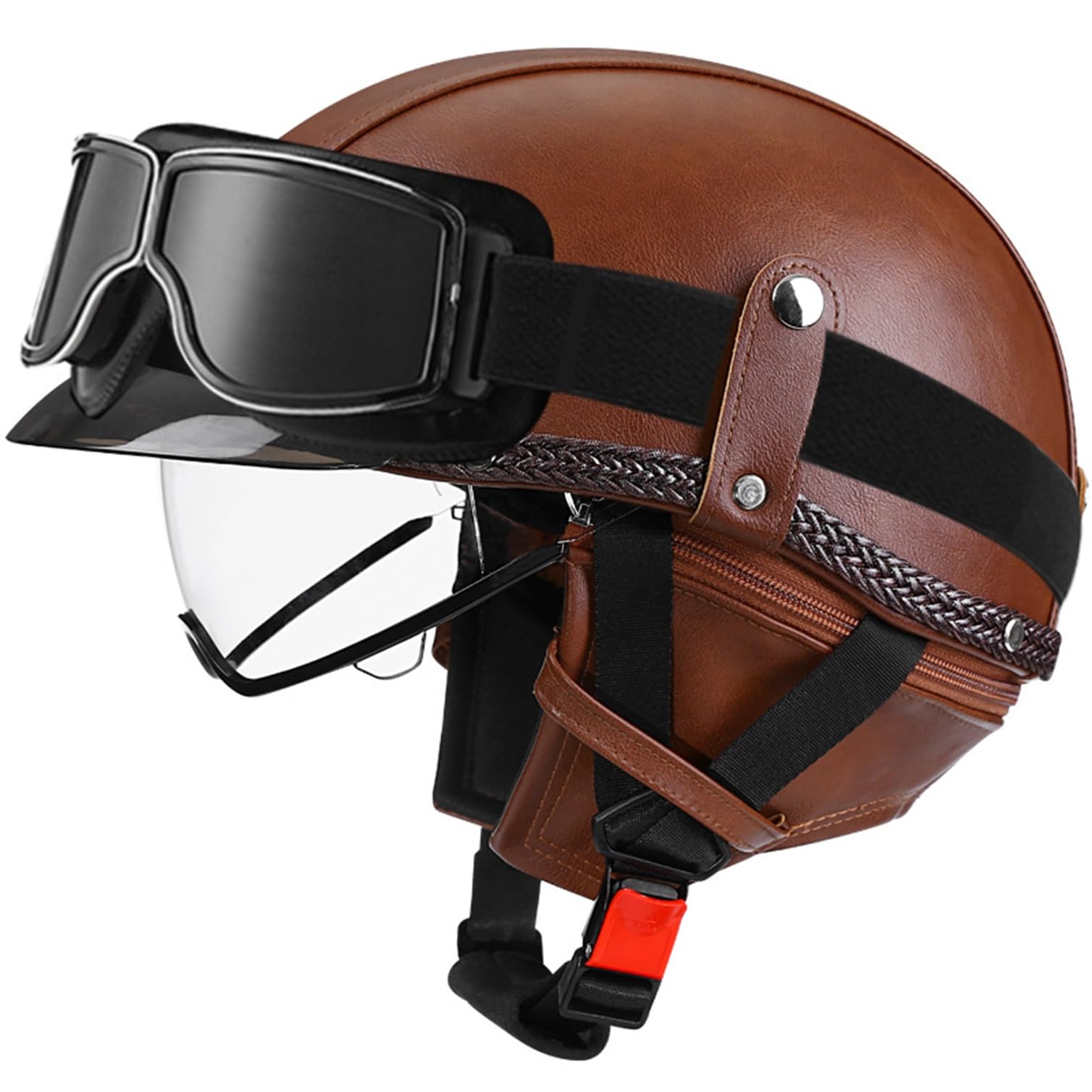 Vintage niemiecki kask motocyklowy, skórzany półkask motocyklowy, zatwierdzony przez ECEDOT dorosły mężczyzna kobiet Retro otwarty kask z goglami do skutera rowerowego Cruiser