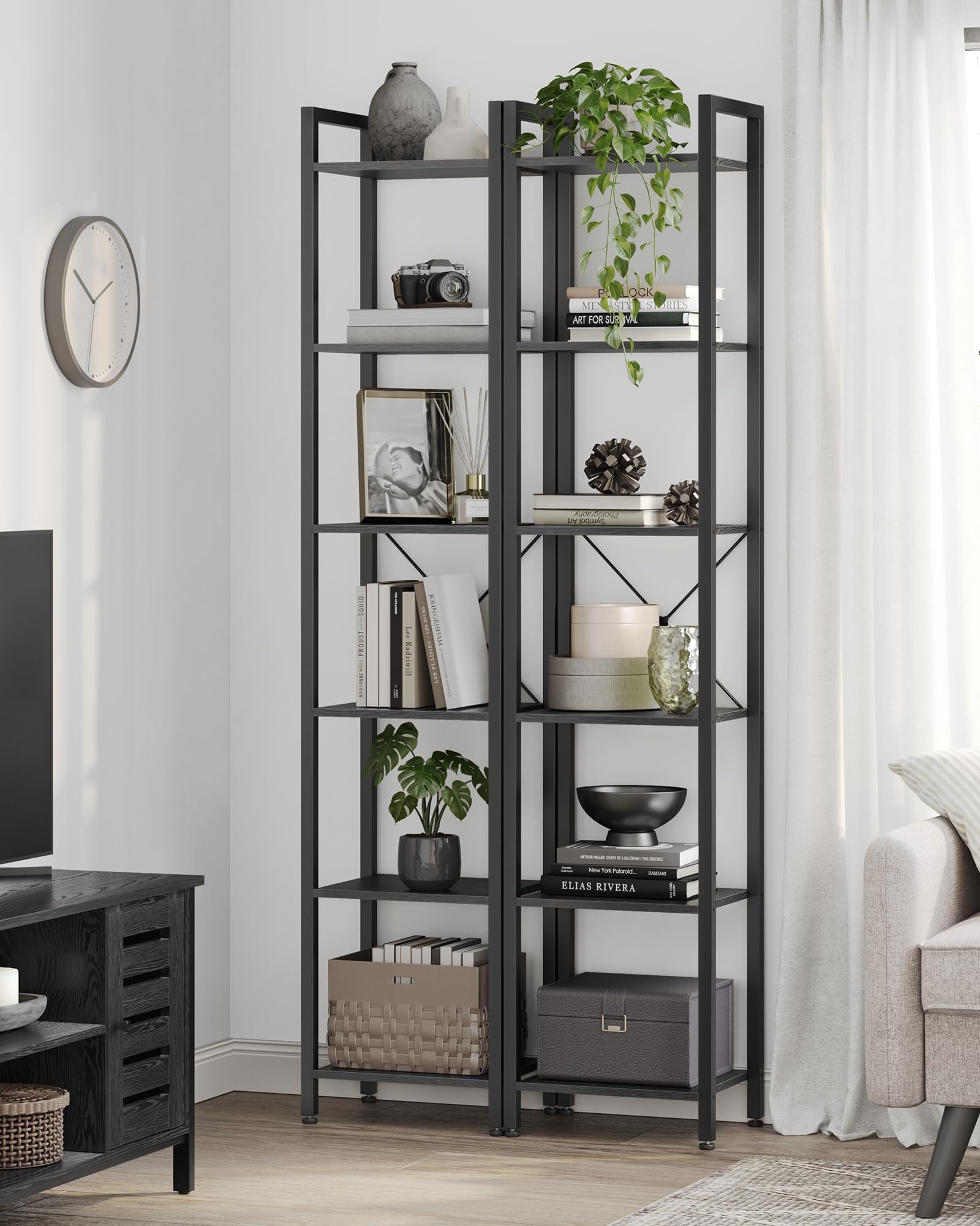 VASAGLE Boekenplank, boekenkast, 6 niveaus, voor kantoor, studeerkamer, woonkamer, slaapkamer, 30 x 66 x 186 cm, industrieel, ebbenzwart en inktzwart LLS062B56