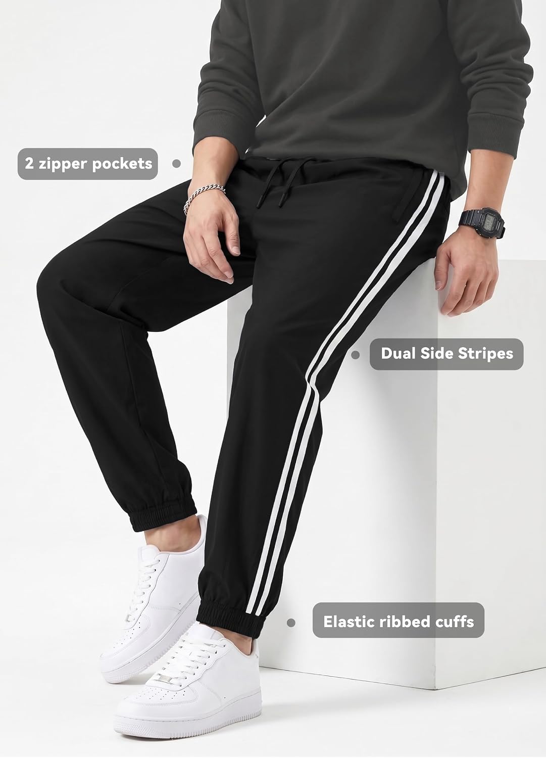 Safort Men's Sweatpants with Zipper Pockets Lightweight Tapered Joggers Athletic Workout with Cuffed 30"/32"/34"