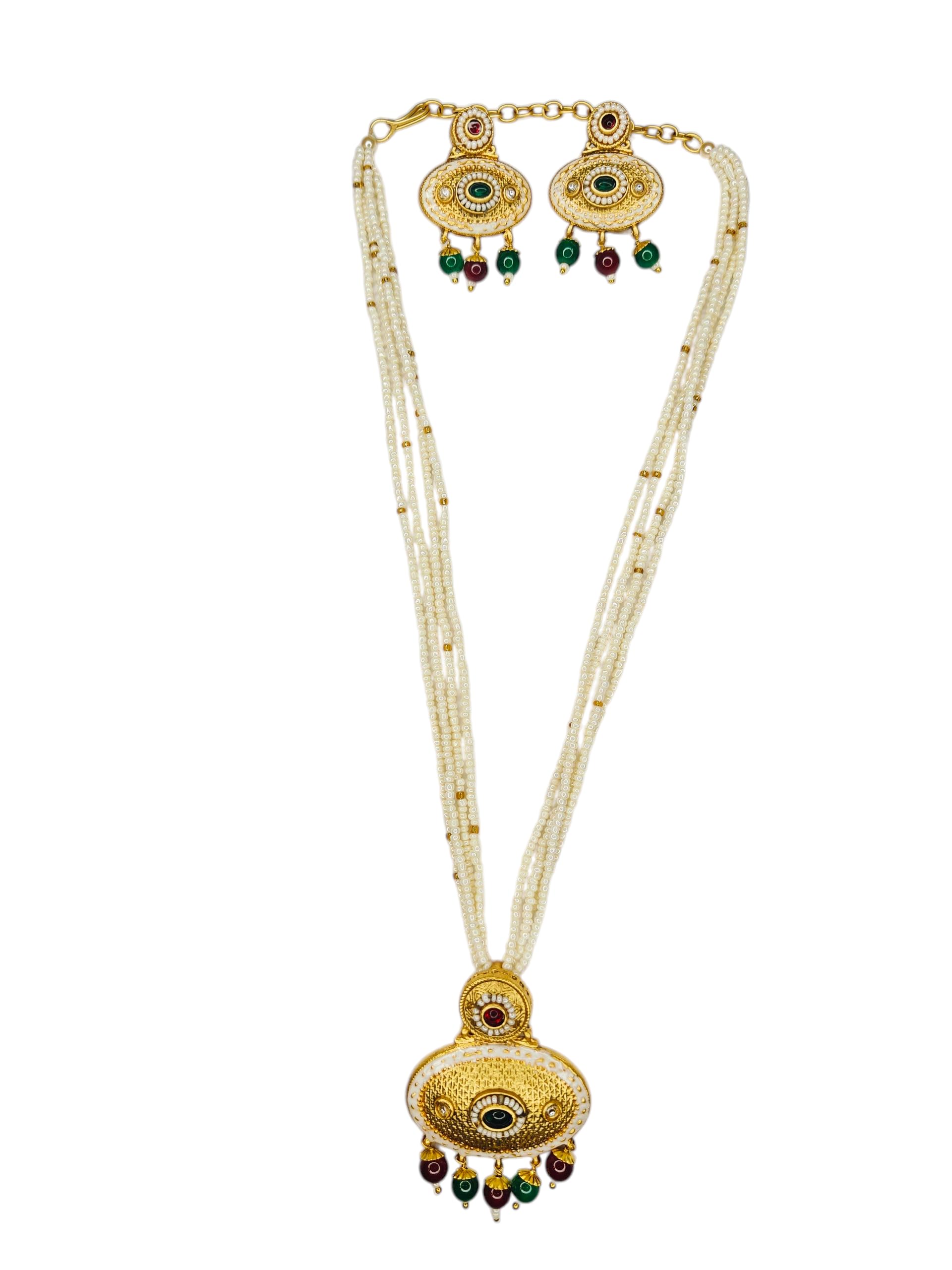 22kt Gold Plated Necklace Set, Multi-Strand Pearl Beads, Antique Pendant with Green Drops, Traditional Wedding Jewellery