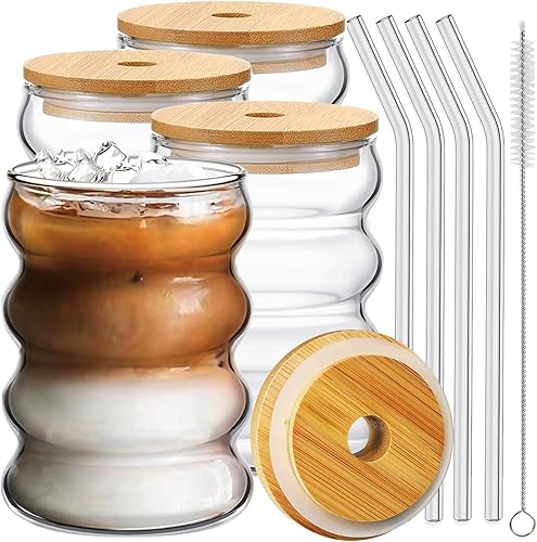 Miniatura 8 de Ework4U Juego de 4 vasos con popote de vidrio de 14 onzas, vasos de cóctel, vasos de café helado, vasos de cerveza, ideal para agua, refrescos, té,