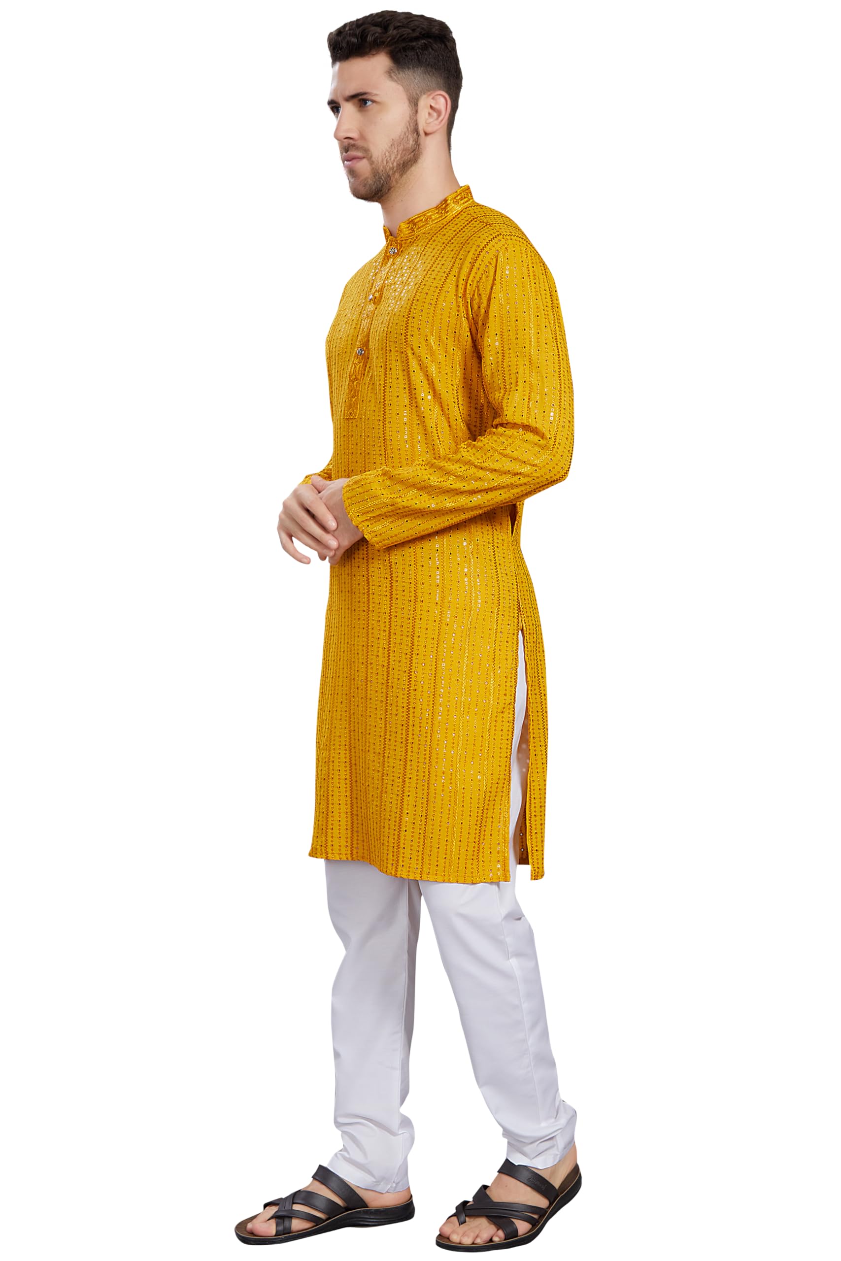 Divisive Men's Embroidered Cotton Blend Only Slim Fit Kurta (Dkrt383_Xxl_Mustard)