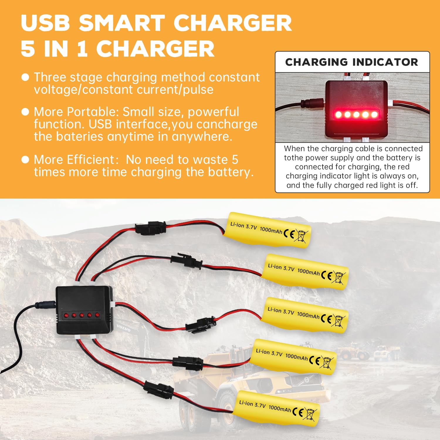 5PCS 3.7V 1000mAh Li-ion Battery with 5in1 Charger for TB202 TB201