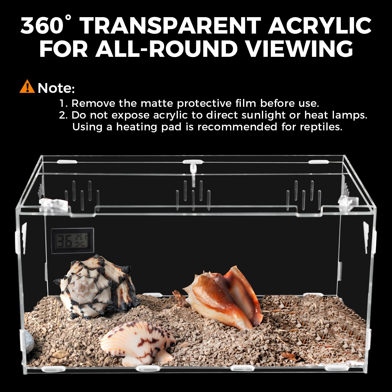Homtone Terrario de acrílico, terrario de caracoles de temperatura e higrómetro, caja grande transparente para reptiles, caja de cultivo de reptiles portátil, camaleón (39 x 25 x 19 cm)