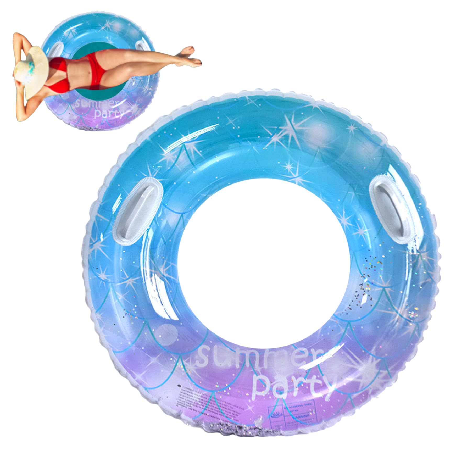 Adult Inflatable Swimming Ring Starry Sky Sequins with Handle, Pool Float for Summer Beach Party