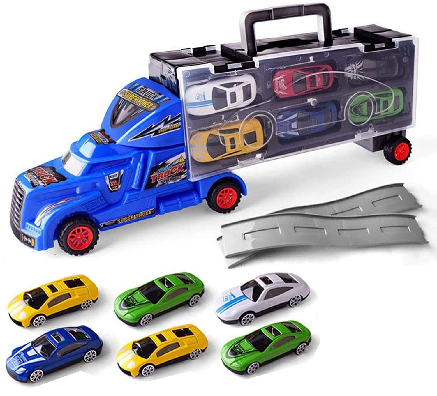 SANTALON Big Transporter Storage Parking Truck with 6 Metal Alloy Minicars and Ejection Racing Track Car Launcher for Boys and Girls Birthday Gift (Container Truck Ramp) (B09B2KYGL1) Amazon Price History, Amazon Price Tracker